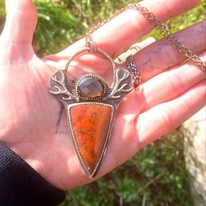 Large Handmade Smokey Quartz and Jasper Antler Pendant Necklace